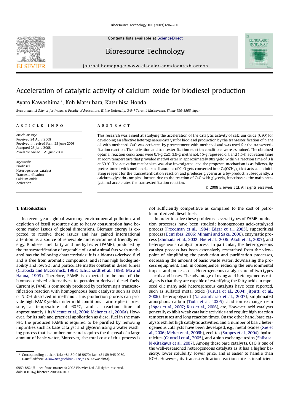 Acceleration of catalytic activity of calcium oxide for biodiesel production