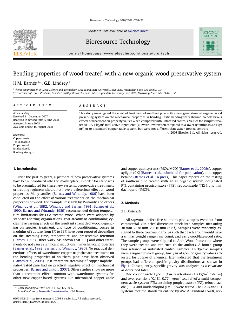 Bending properties of wood treated with a new organic wood preservative system