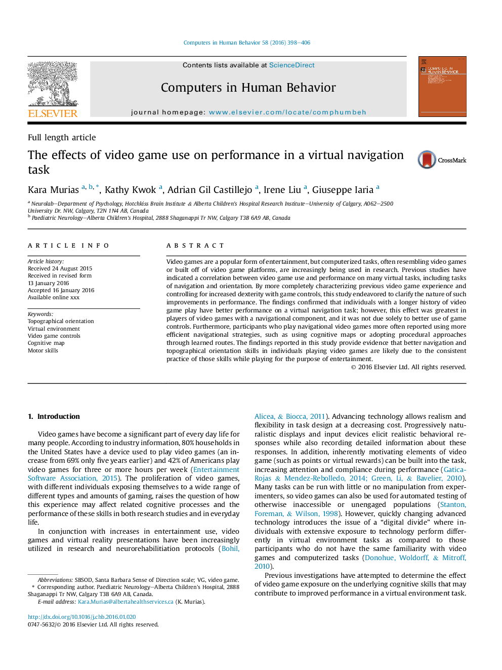 The effects of video game use on performance in a virtual navigation task