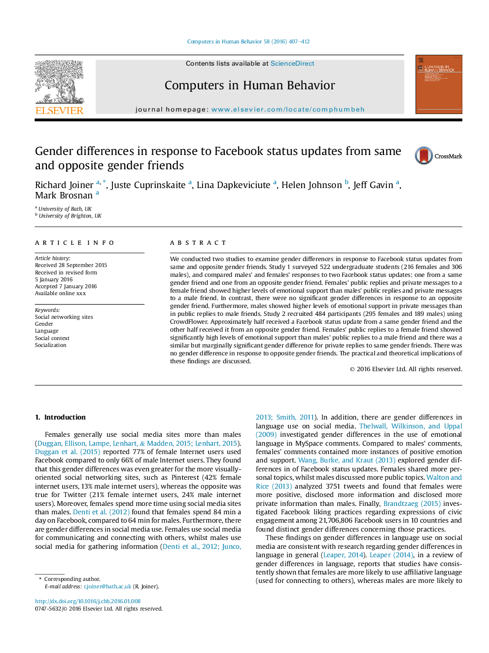 Gender differences in response to Facebook status updates from same and opposite gender friends