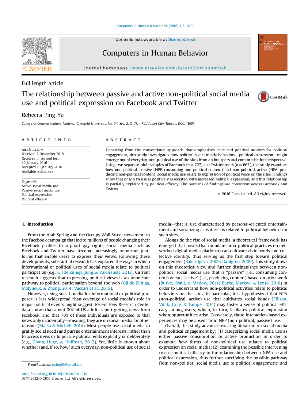 The relationship between passive and active non-political social media use and political expression on Facebook and Twitter