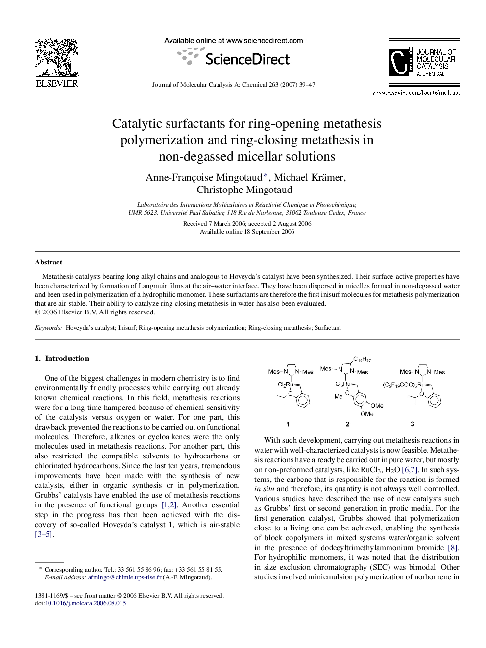 عکس صفحه اول مقاله: Catalytic surfactants for ring-opening metathesis polymerization and ring-closing metathesis in non-degassed micellar solutions Catalytic surfactants for ring-opening metathesis polymerization and ring-closing metathesis in non-degassed micellar solutions
