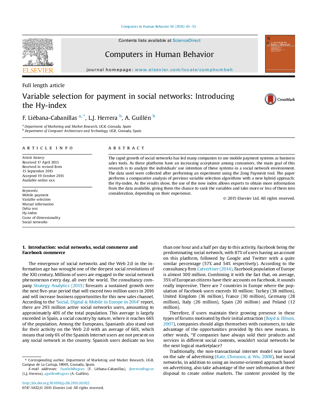 Variable selection for payment in social networks: Introducing the Hy-index