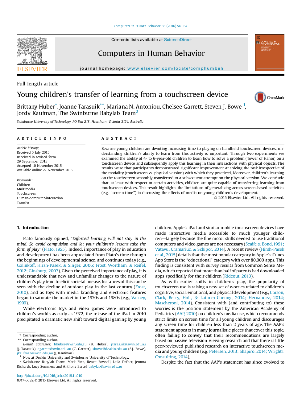 Young children's transfer of learning from a touchscreen device