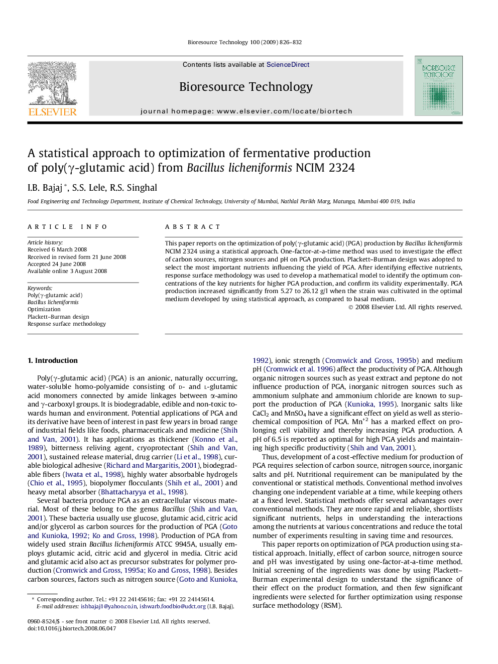 A statistical approach to optimization of fermentative production of poly(γ-glutamic acid) from Bacillus licheniformis NCIM 2324