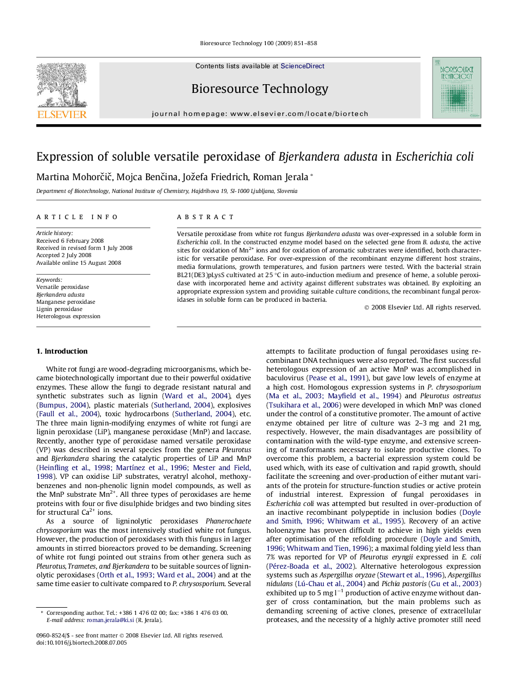 Expression of soluble versatile peroxidase of Bjerkandera adusta in Escherichia coli