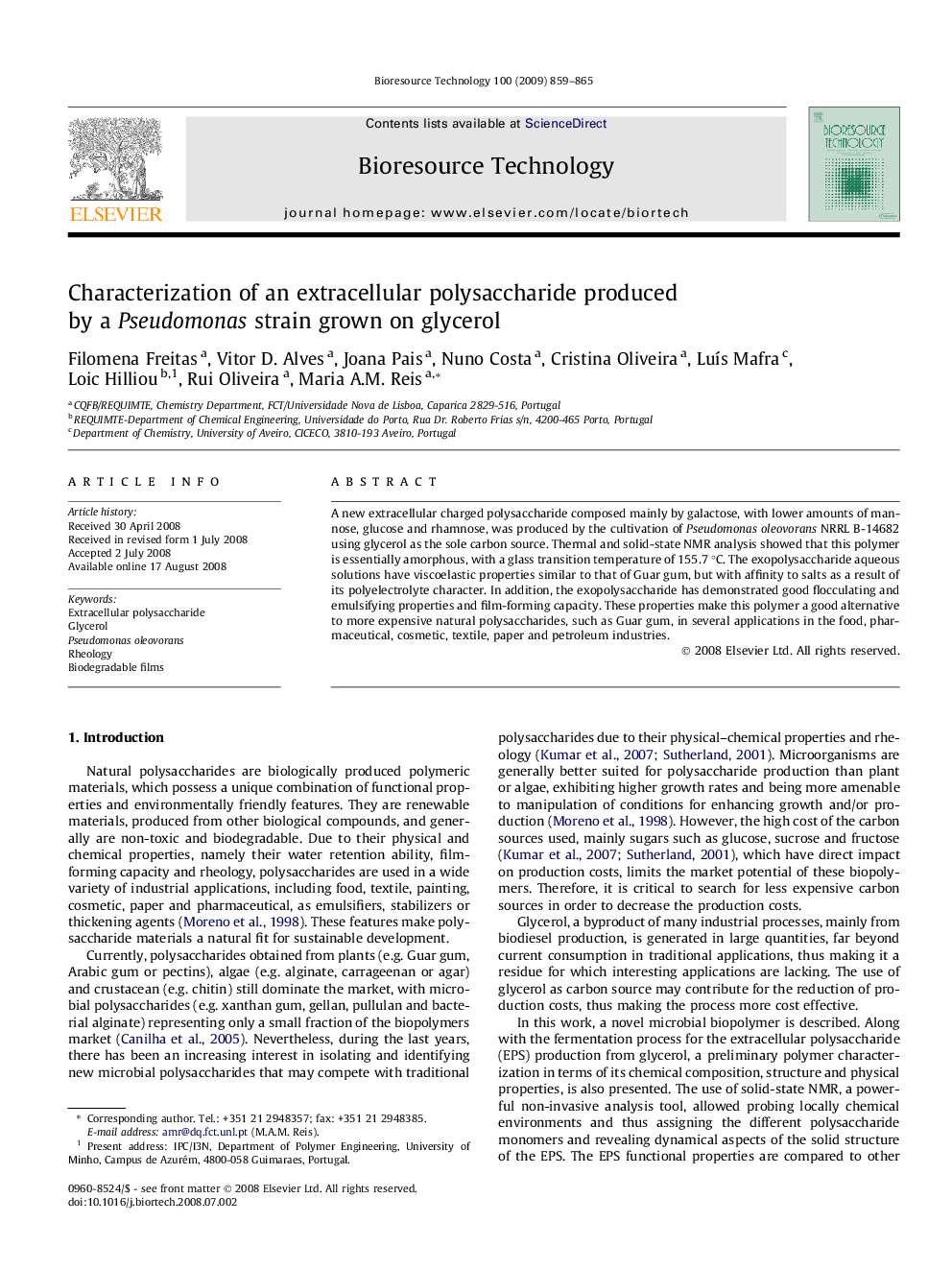 Characterization of an extracellular polysaccharide produced by a Pseudomonas strain grown on glycerol