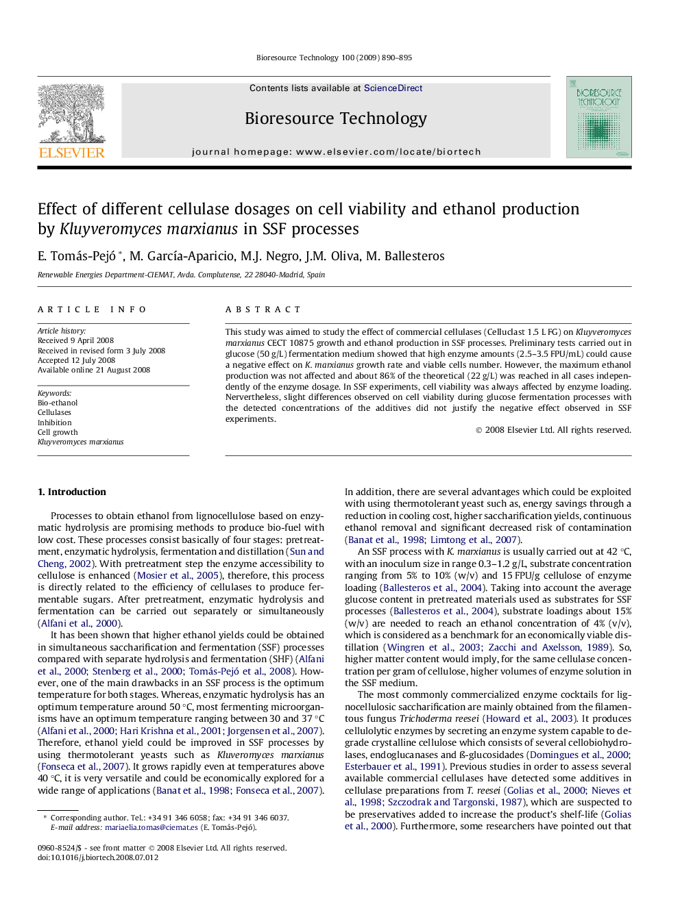 Effect of different cellulase dosages on cell viability and ethanol production by Kluyveromyces marxianus in SSF processes