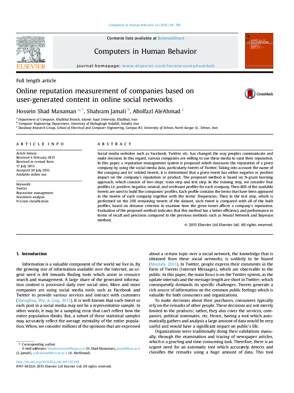 Online reputation measurement of companies based on user-generated content in online social networks