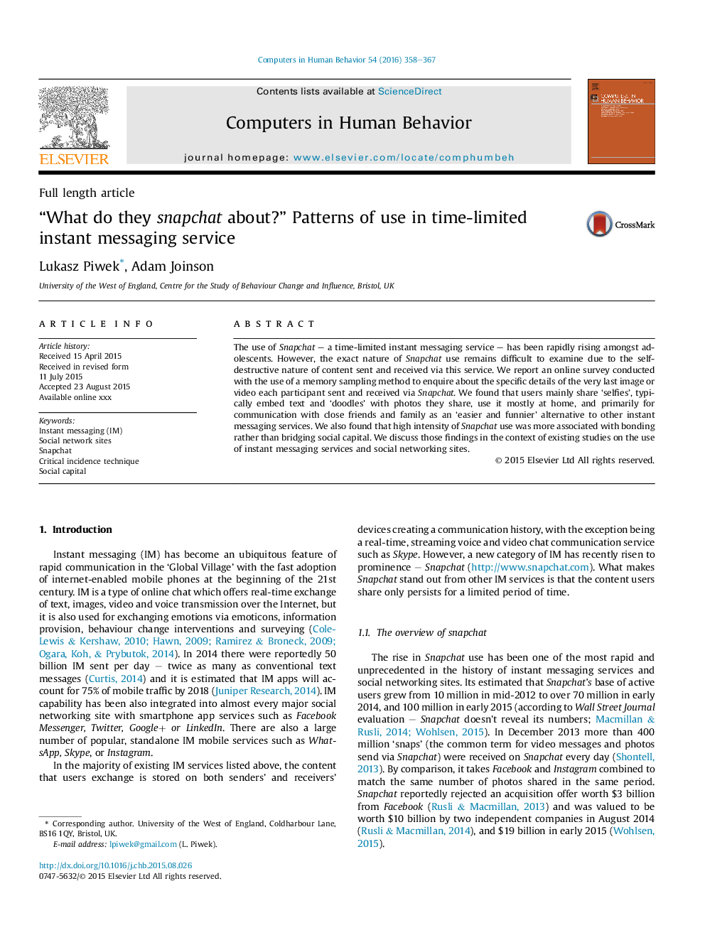 “What do they snapchat about?” Patterns of use in time-limited instant messaging service