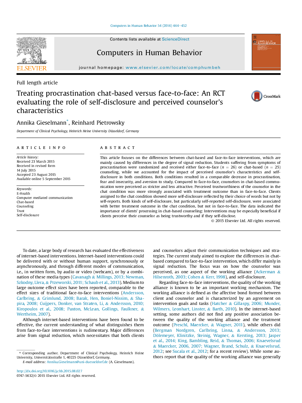 Treating procrastination chat-based versus face-to-face: An RCT evaluating the role of self-disclosure and perceived counselor's characteristics