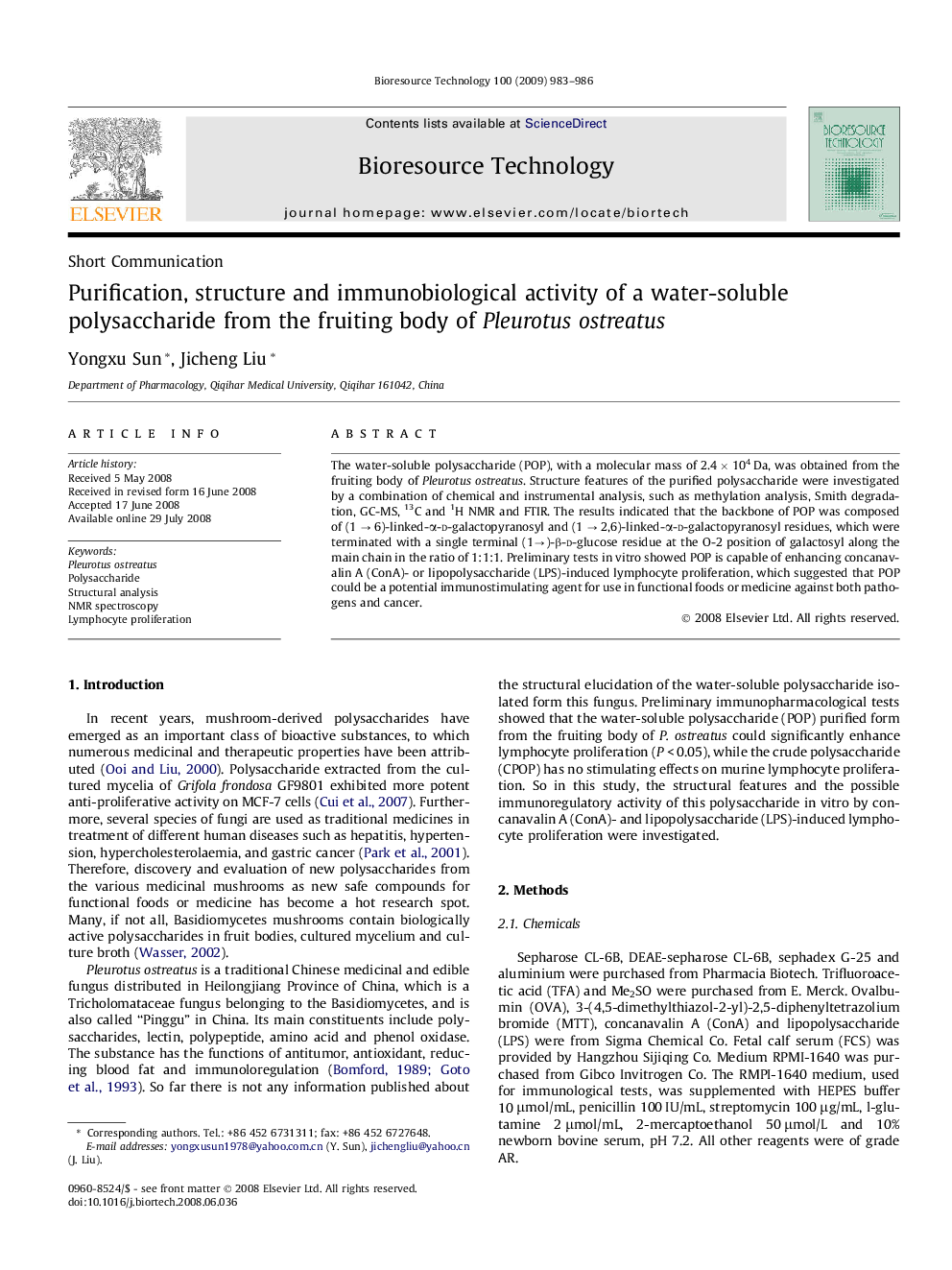 Purification, structure and immunobiological activity of a water-soluble polysaccharide from the fruiting body of Pleurotus ostreatus