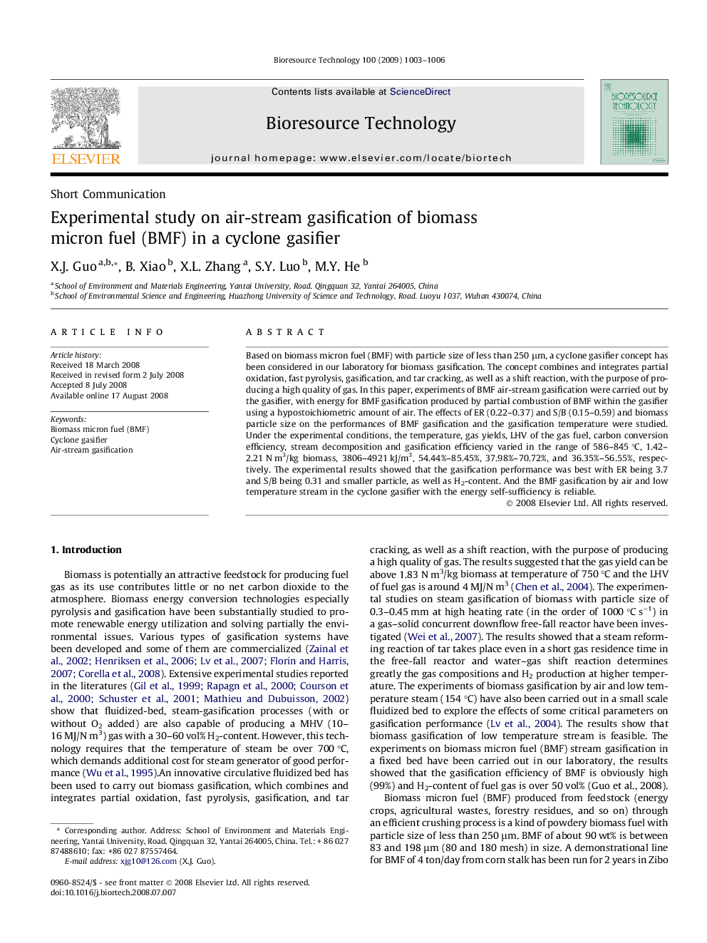 Experimental study on air-stream gasification of biomass micron fuel (BMF) in a cyclone gasifier