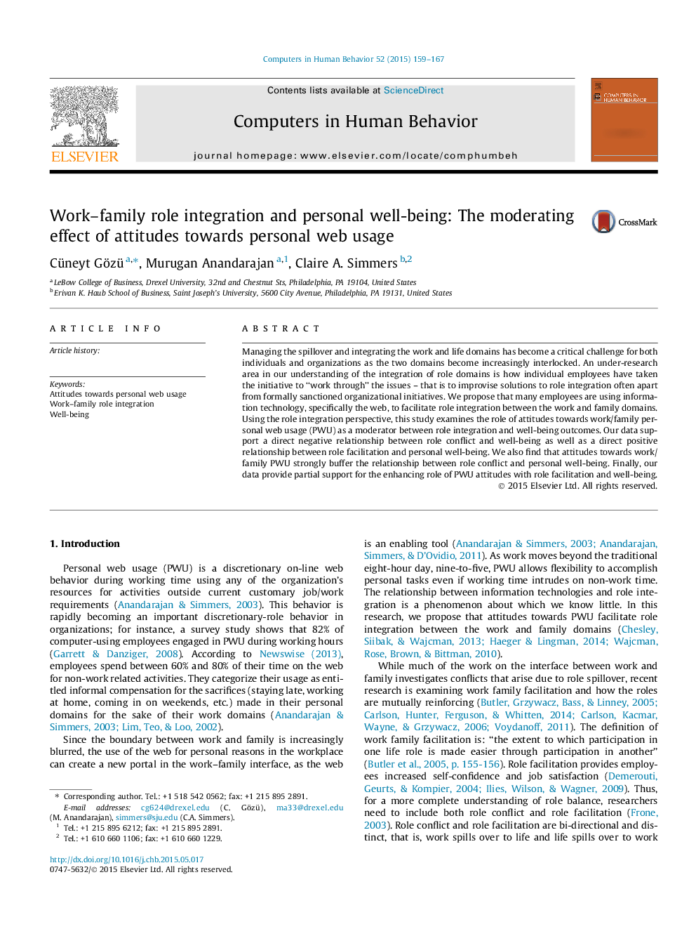 Work-family role integration and personal well-being: The moderating effect of attitudes towards personal web usage