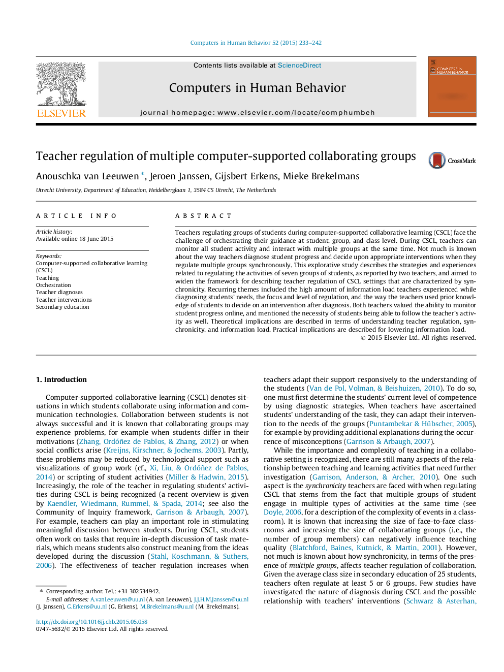 Teacher regulation of multiple computer-supported collaborating groups