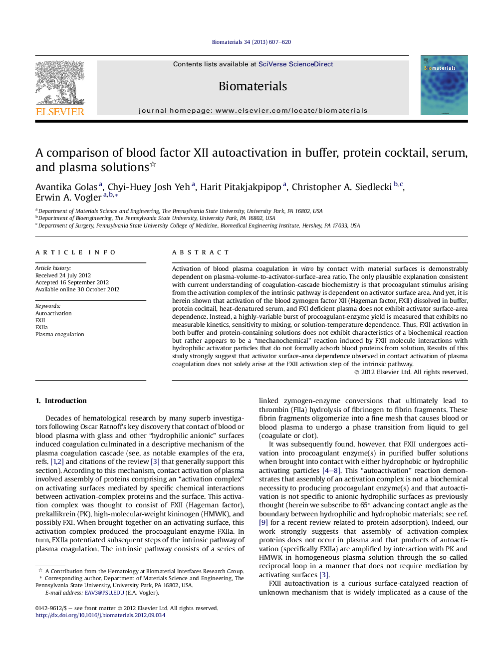 A comparison of blood factor XII autoactivation in buffer, protein cocktail, serum, and plasma solutions 