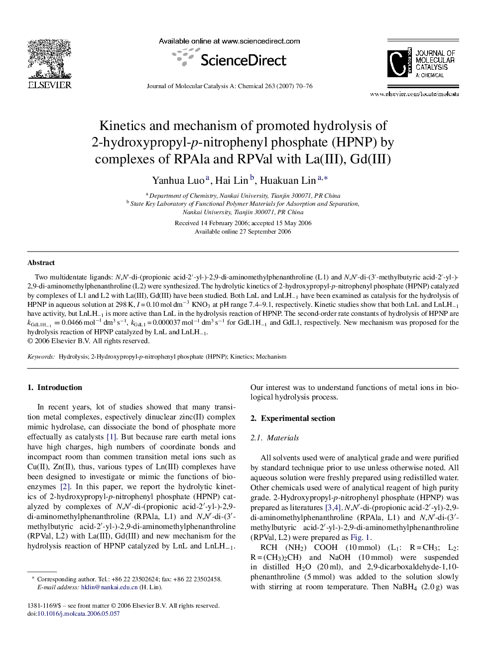 Kinetics and mechanism of promoted hydrolysis of 2-hydroxypropyl-p-nitrophenyl phosphate (HPNP) by complexes of RPAla and RPVal with La(III), Gd(III)