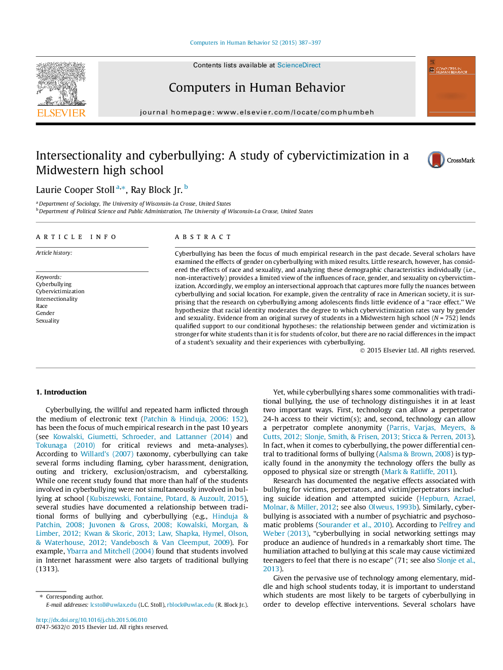 Intersectionality and cyberbullying: A study of cybervictimization in a Midwestern high school