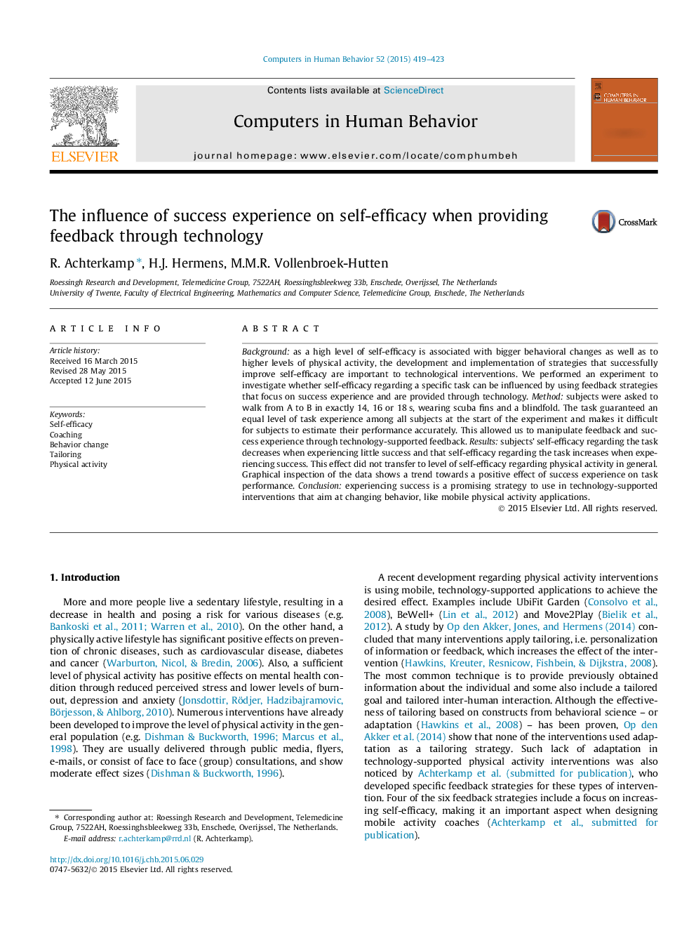 The influence of success experience on self-efficacy when providing feedback through technology