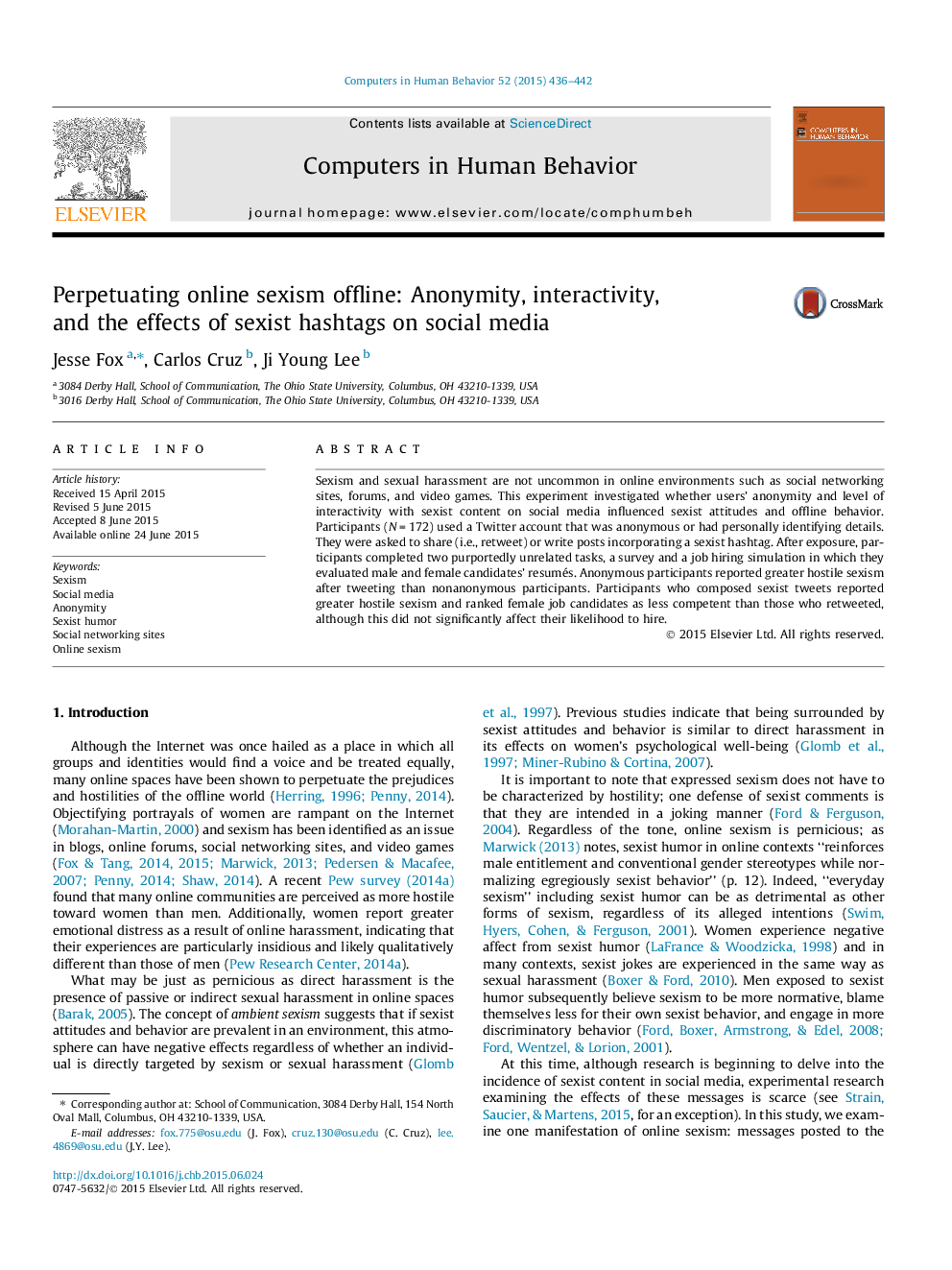 Perpetuating online sexism offline: Anonymity, interactivity, and the effects of sexist hashtags on social media