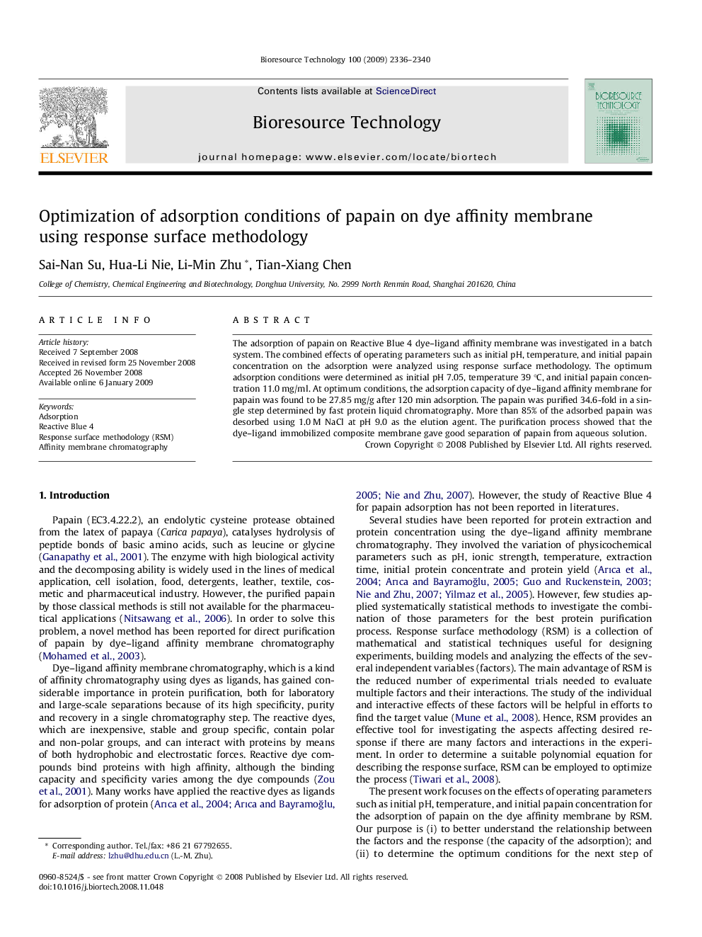 Optimization of adsorption conditions of papain on dye affinity membrane using response surface methodology