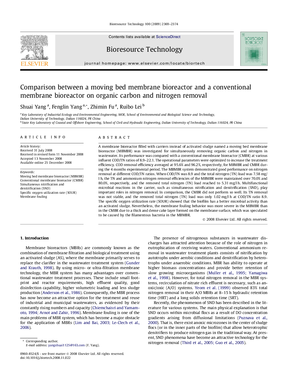 Comparison between a moving bed membrane bioreactor and a conventional membrane bioreactor on organic carbon and nitrogen removal