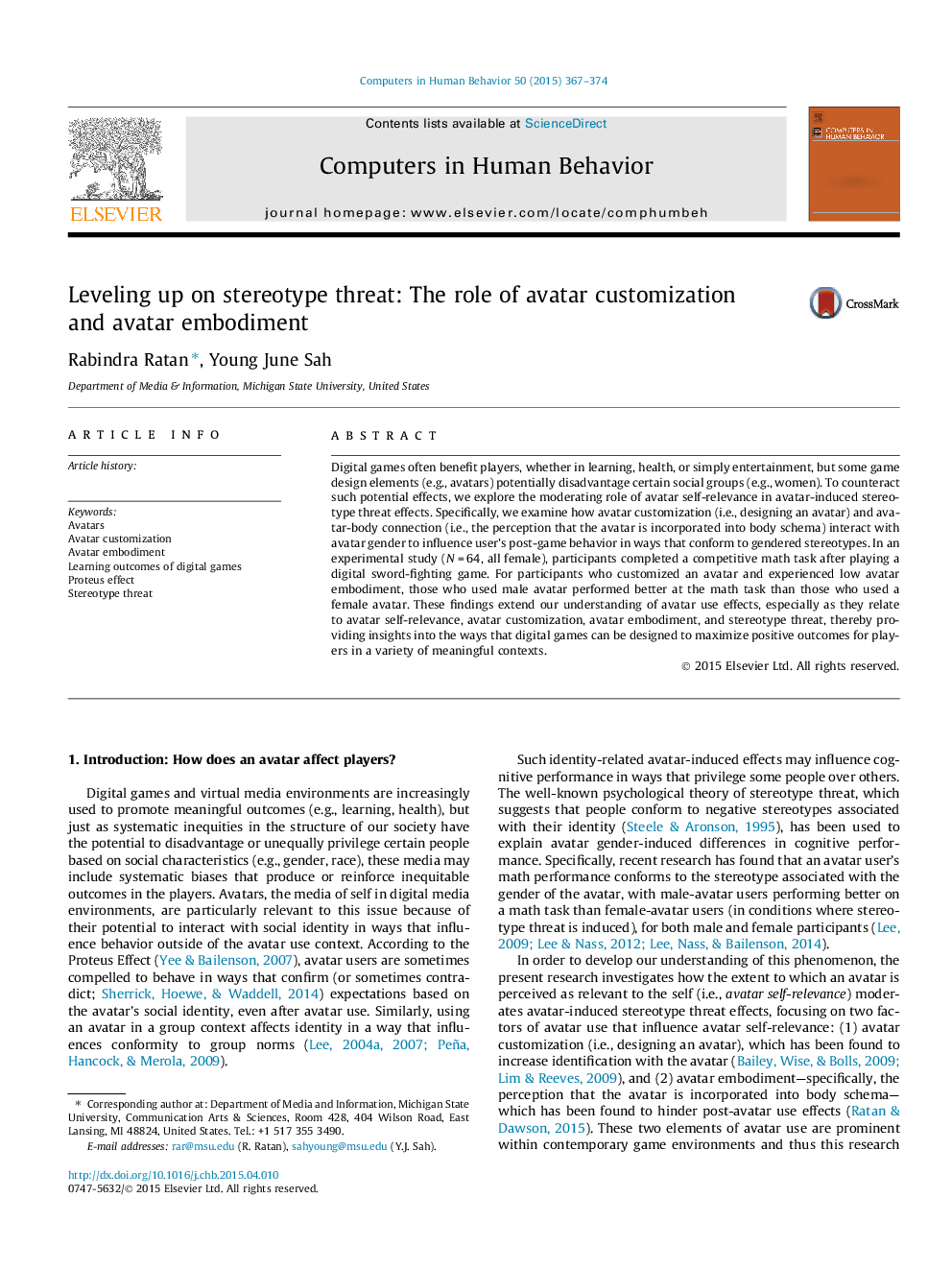 Leveling up on stereotype threat: The role of avatar customization and avatar embodiment