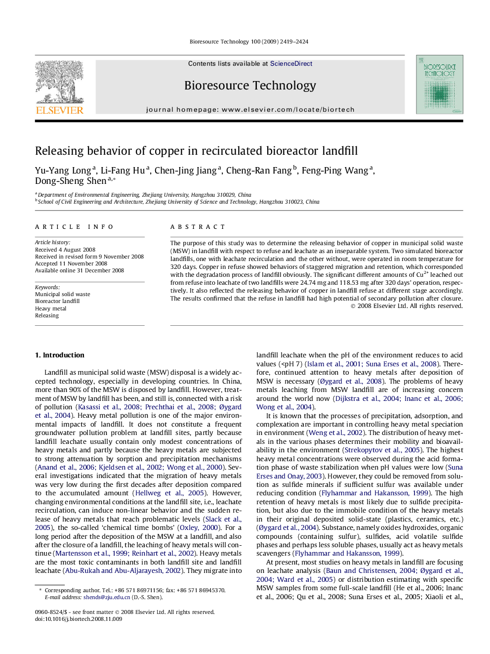 Releasing behavior of copper in recirculated bioreactor landfill