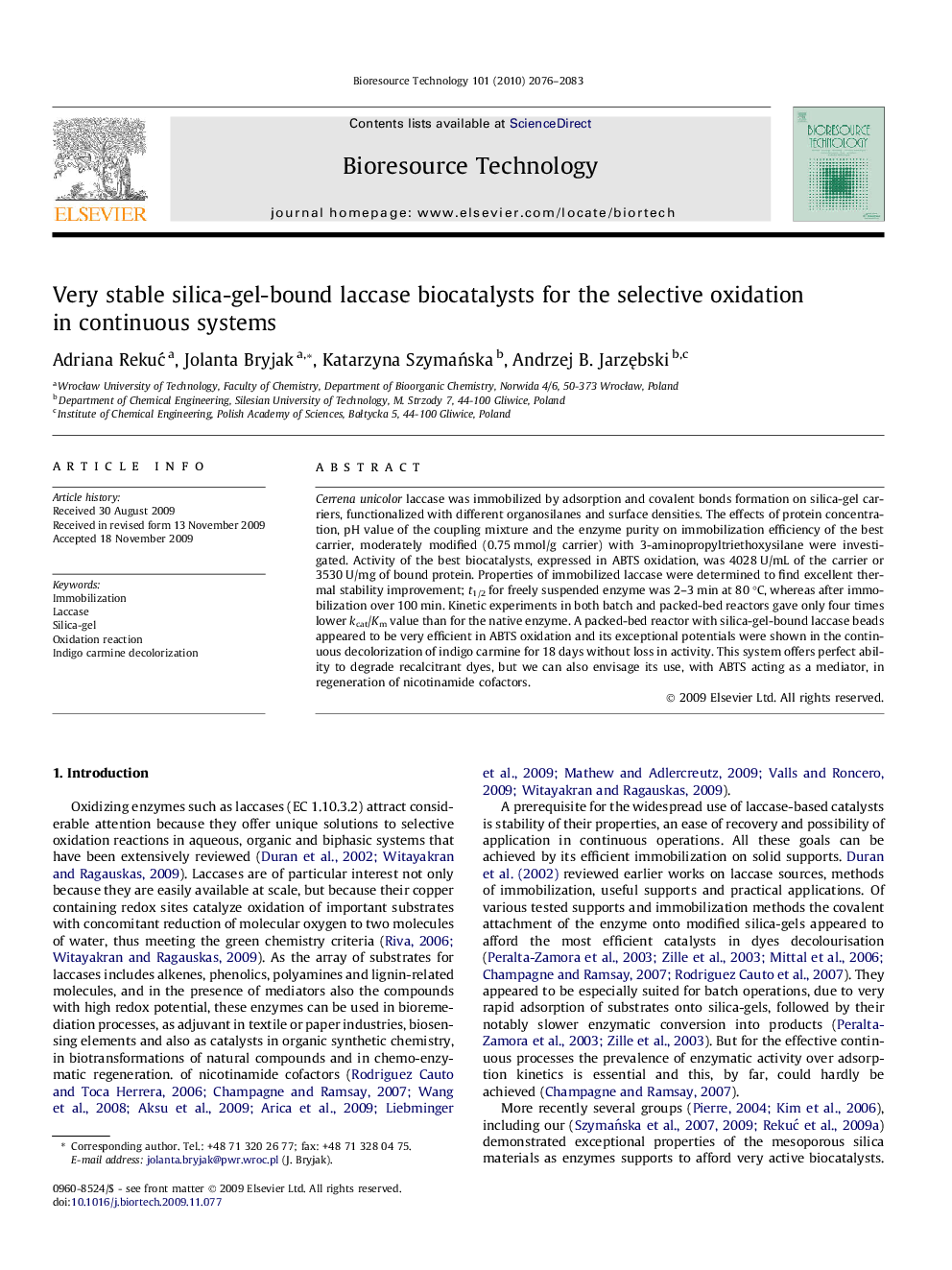 Very stable silica-gel-bound laccase biocatalysts for the selective oxidation in continuous systems