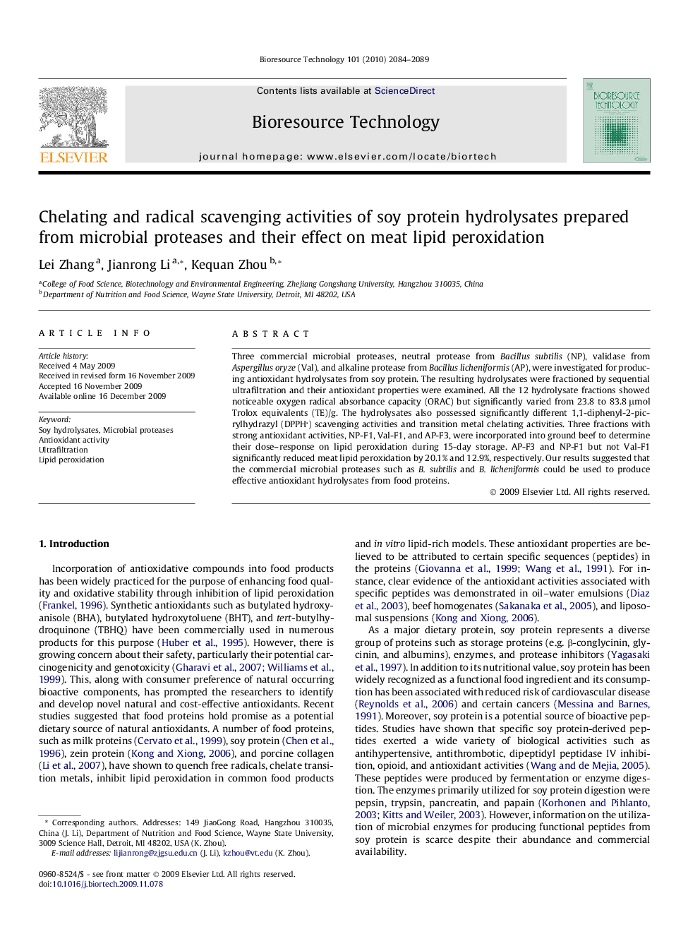 Chelating and radical scavenging activities of soy protein hydrolysates prepared from microbial proteases and their effect on meat lipid peroxidation