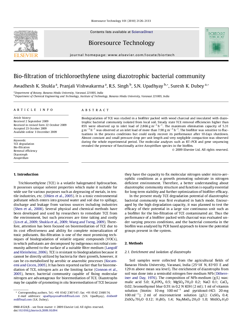 Bio-filtration of trichloroethylene using diazotrophic bacterial community