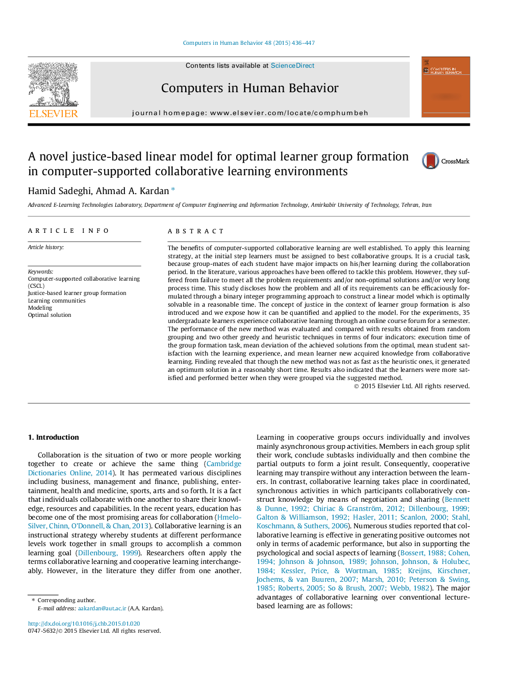 A novel justice-based linear model for optimal learner group formation in computer-supported collaborative learning environments