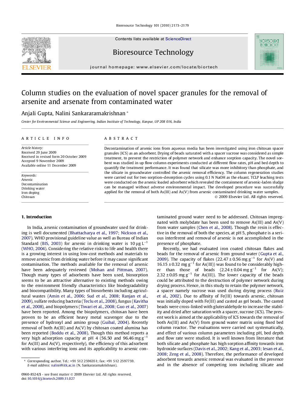 عکس صفحه اول مقاله: Column studies on the evaluation of novel spacer granules for the removal of arsenite and arsenate from contaminated water Column studies on the evaluation of novel spacer granules for the removal of arsenite and arsenate from contaminated water