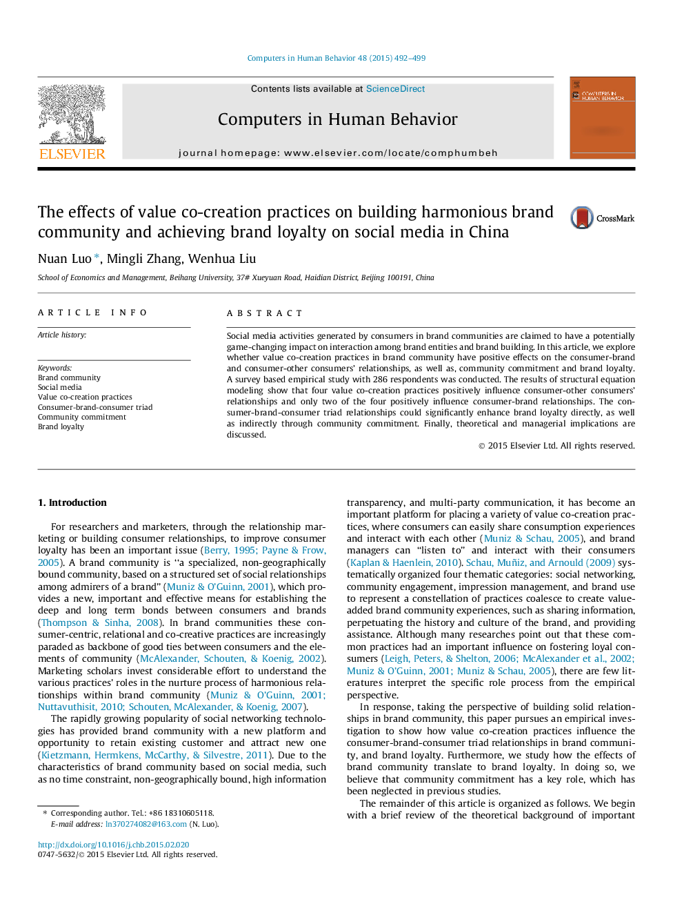 The effects of value co-creation practices on building harmonious brand community and achieving brand loyalty on social media in China