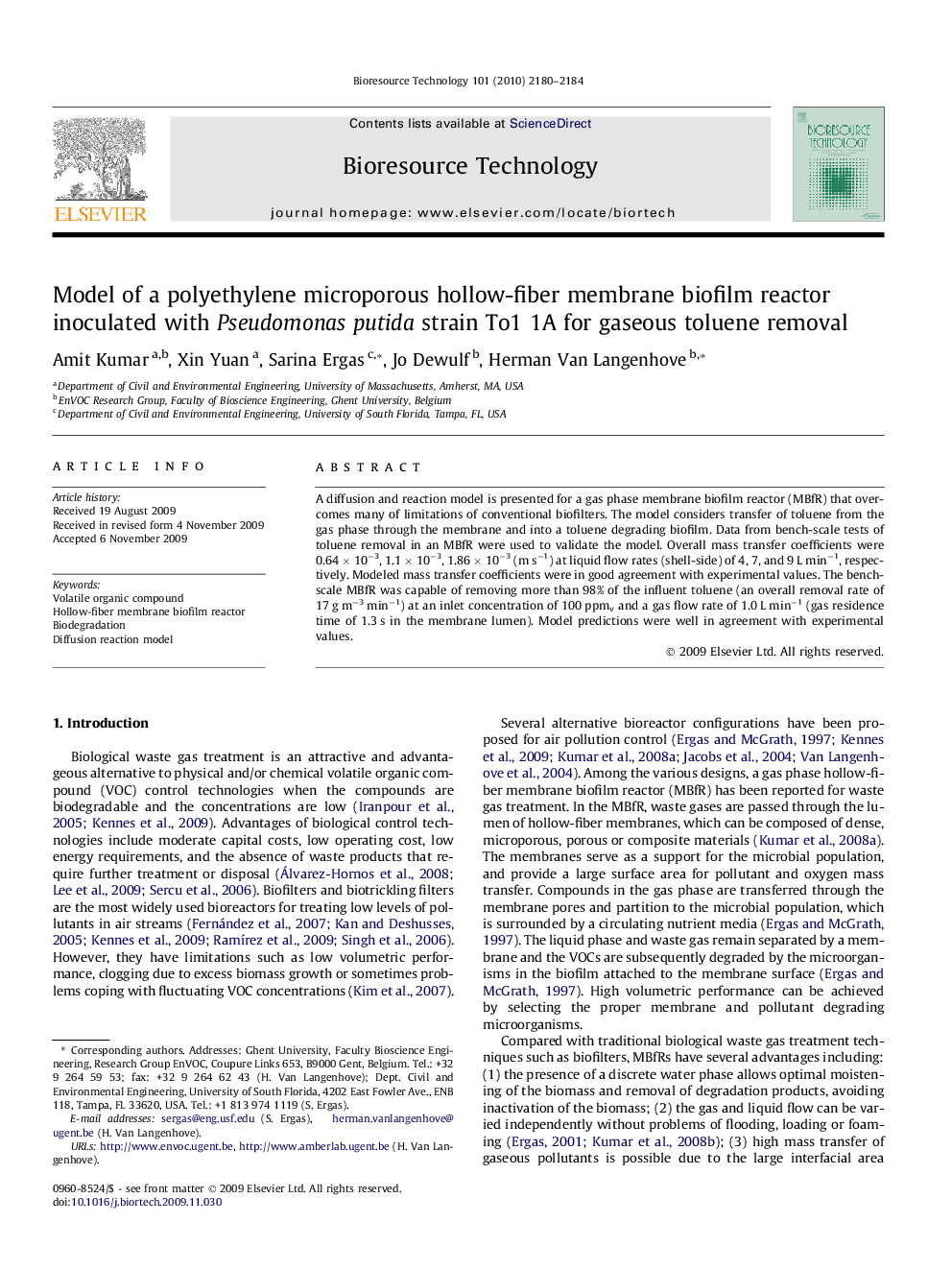 عکس صفحه اول مقاله: Model of a polyethylene microporous hollow-fiber membrane biofilm reactor inoculated with Pseudomonas putida strain To1 1A for gaseous toluene removal Model of a polyethylene microporous hollow-fiber membrane biofilm reactor inoculated with Pseudomonas putida strain To1 1A for gaseous toluene removal