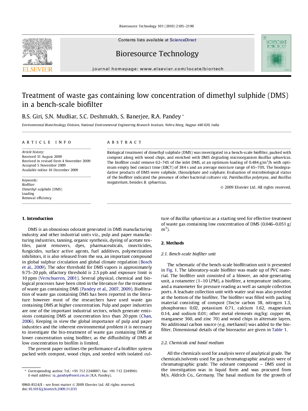 Treatment of waste gas containing low concentration of dimethyl sulphide (DMS) in a bench-scale biofilter