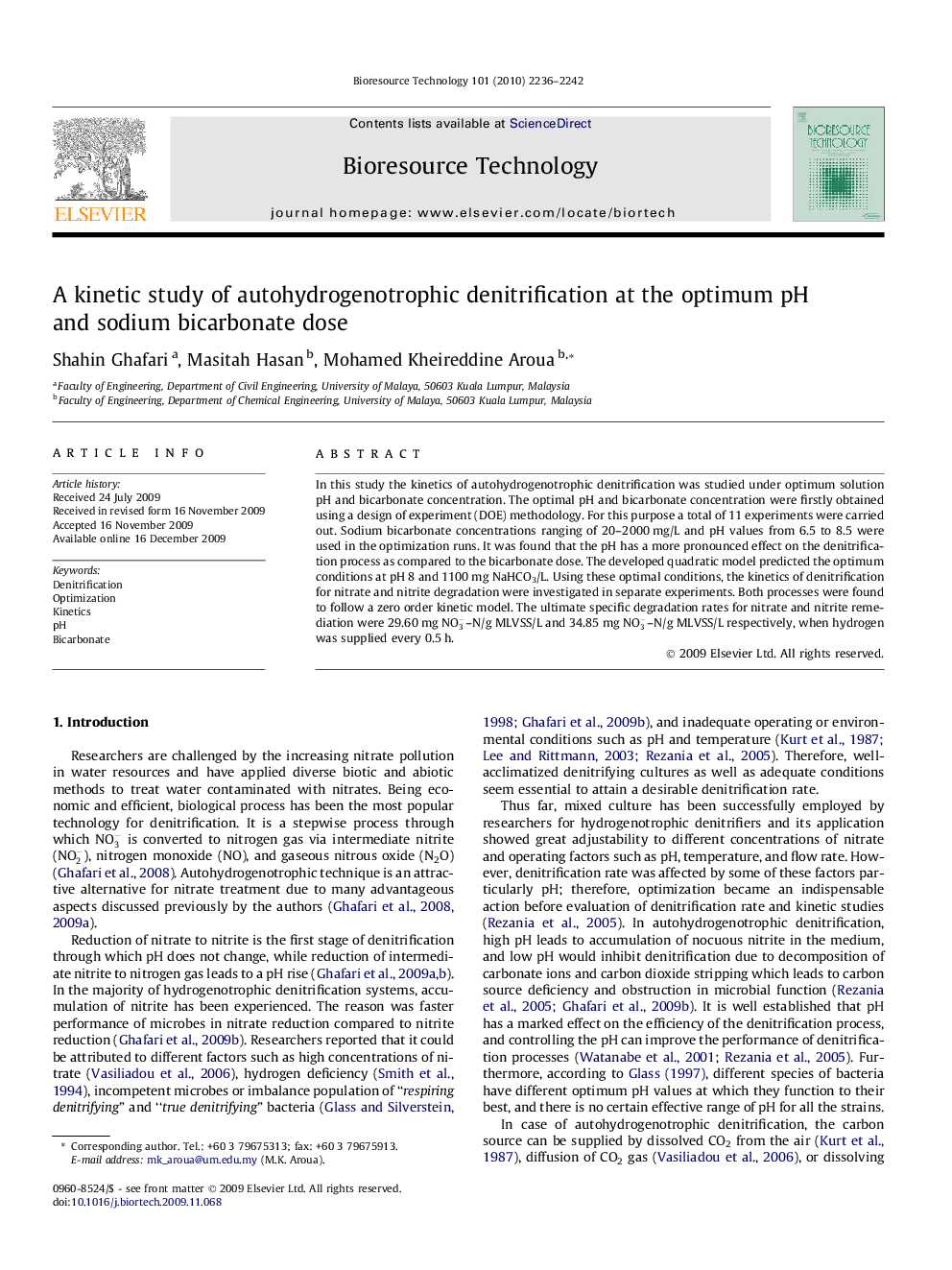 A kinetic study of autohydrogenotrophic denitrification at the optimum pH and sodium bicarbonate dose