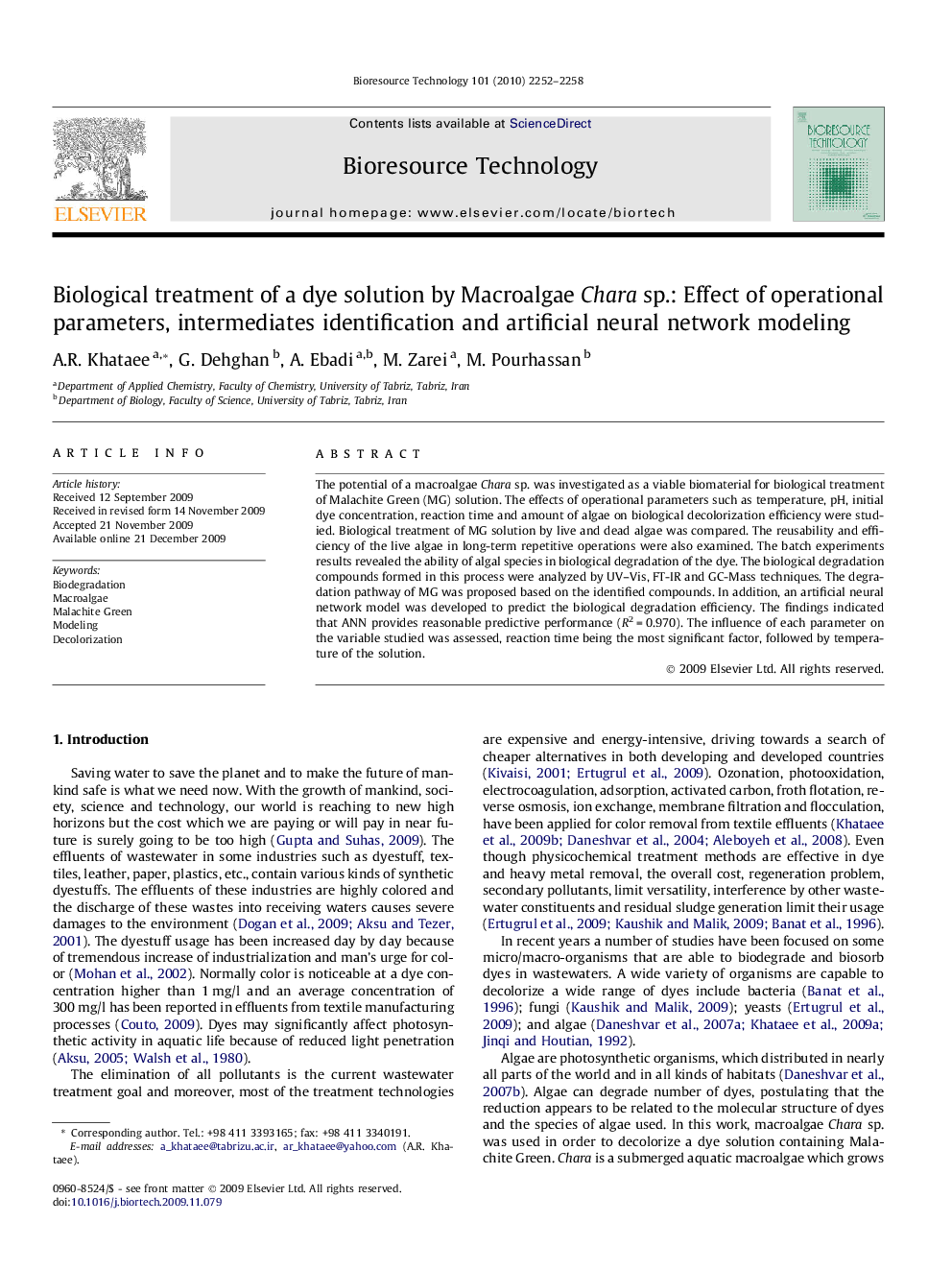 Biological treatment of a dye solution by Macroalgae Chara sp.: Effect of operational parameters, intermediates identification and artificial neural network modeling