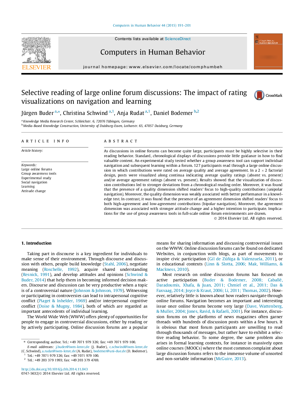 Selective reading of large online forum discussions: The impact of rating visualizations on navigation and learning