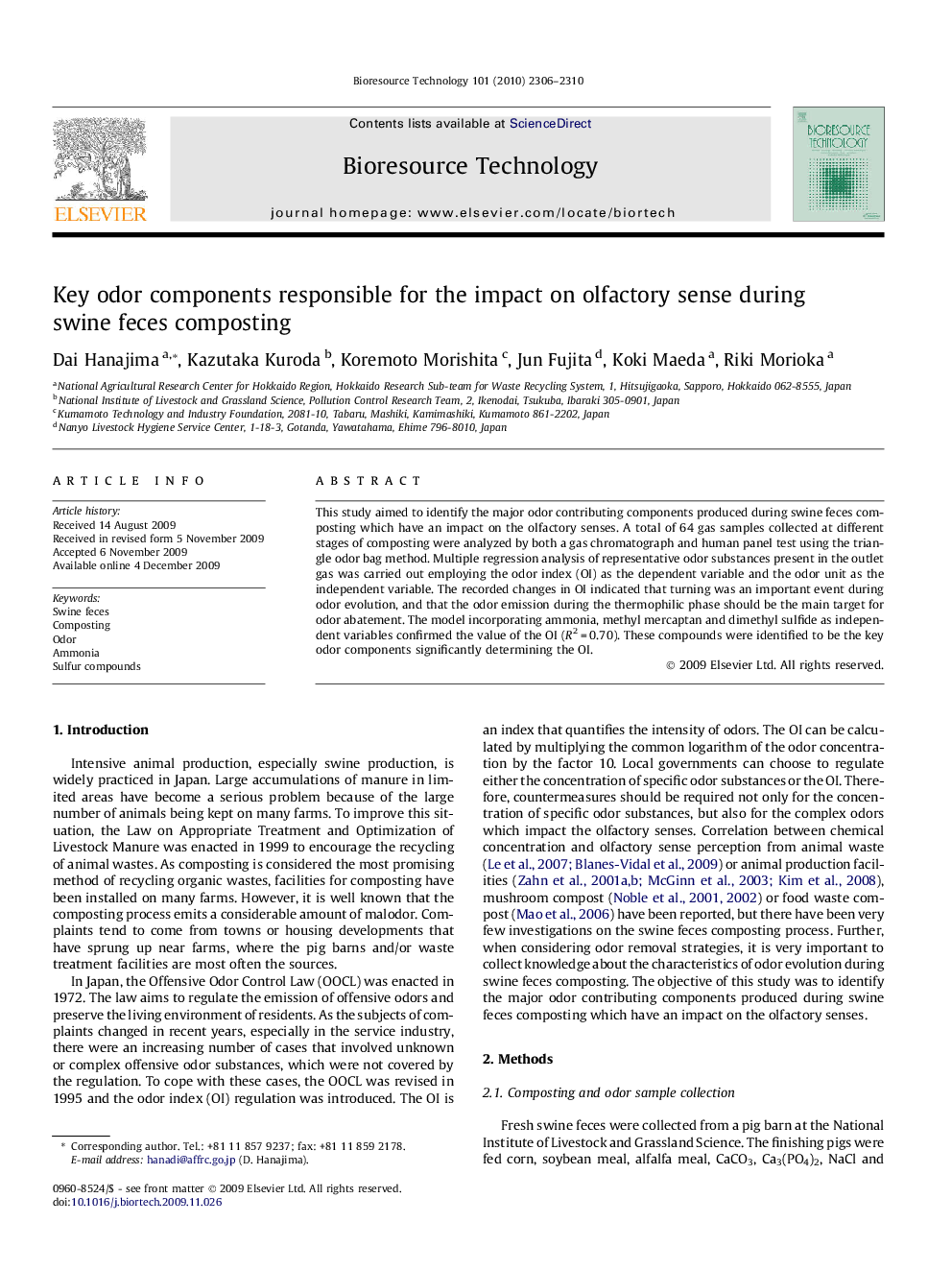 Key odor components responsible for the impact on olfactory sense during swine feces composting