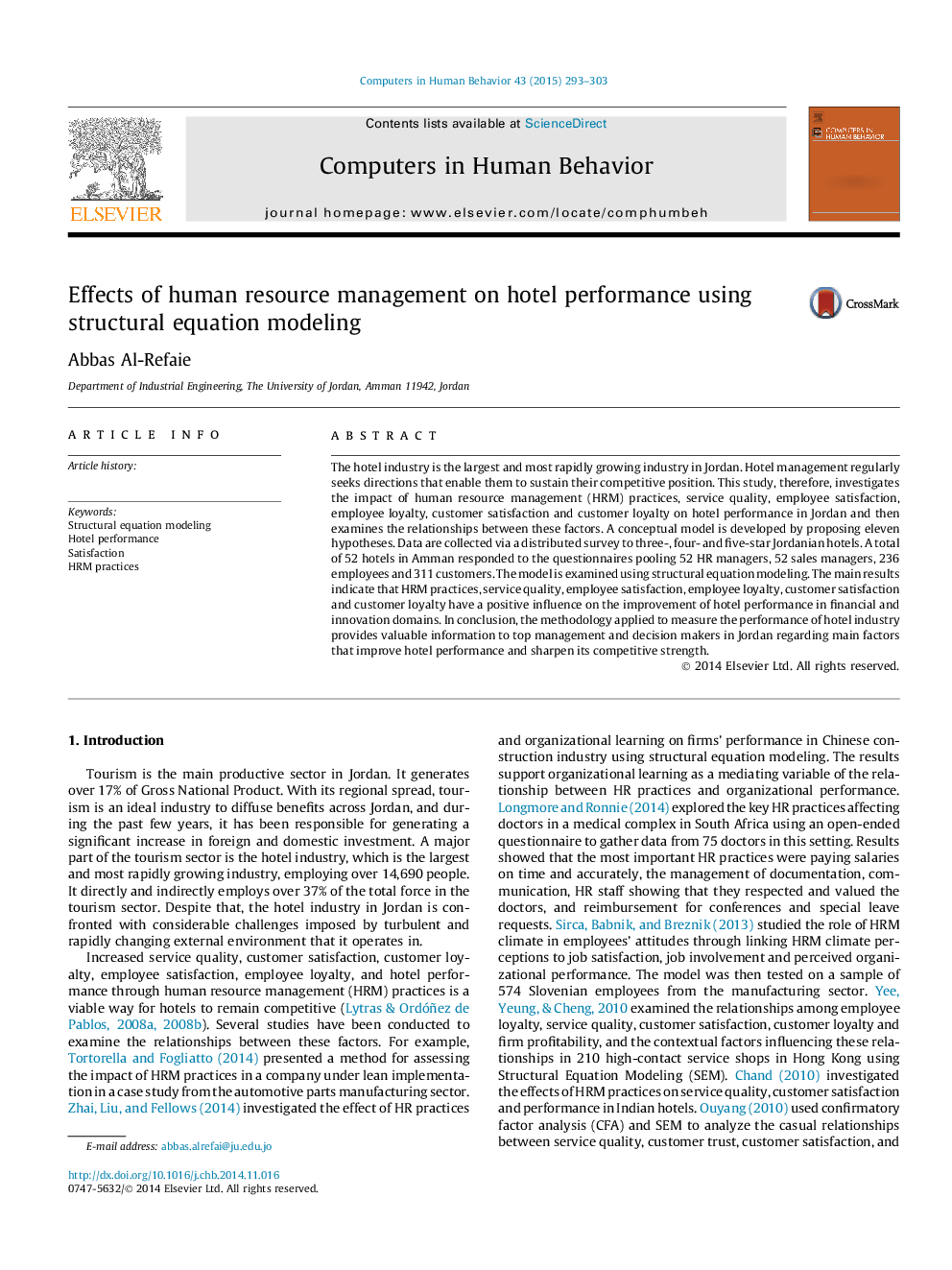 Effects of human resource management on hotel performance using structural equation modeling