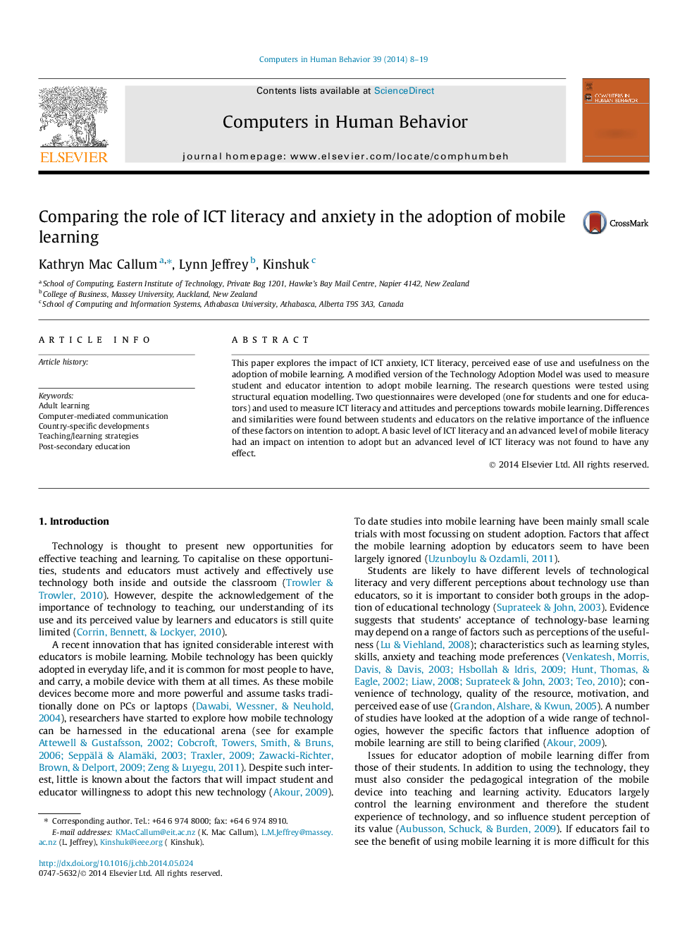 Comparing the role of ICT literacy and anxiety in the adoption of mobile learning