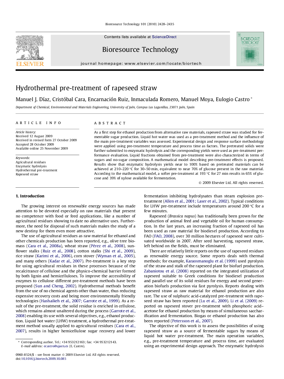 Hydrothermal pre-treatment of rapeseed straw