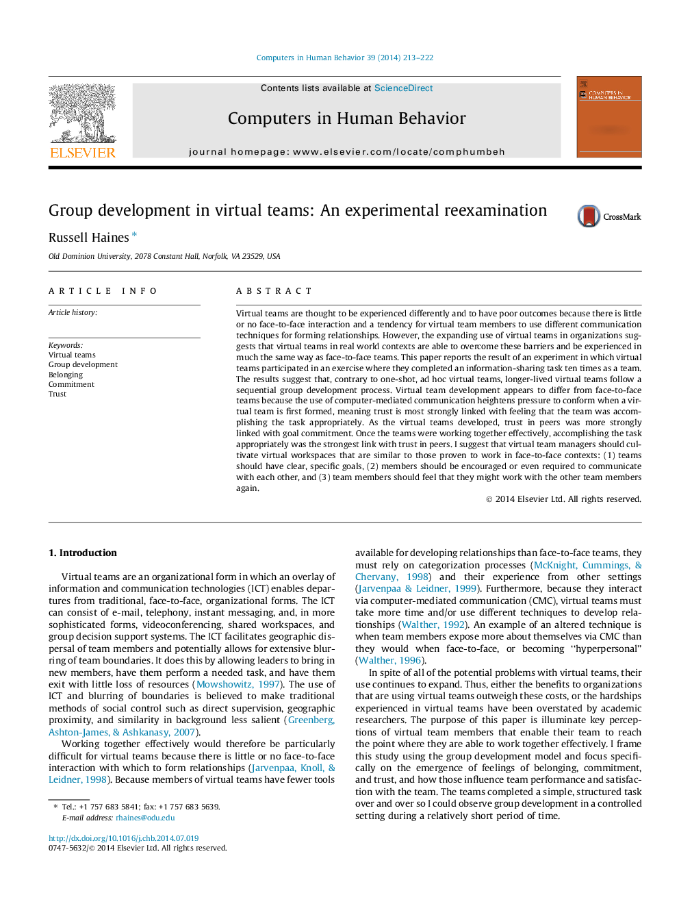 Group development in virtual teams: An experimental reexamination