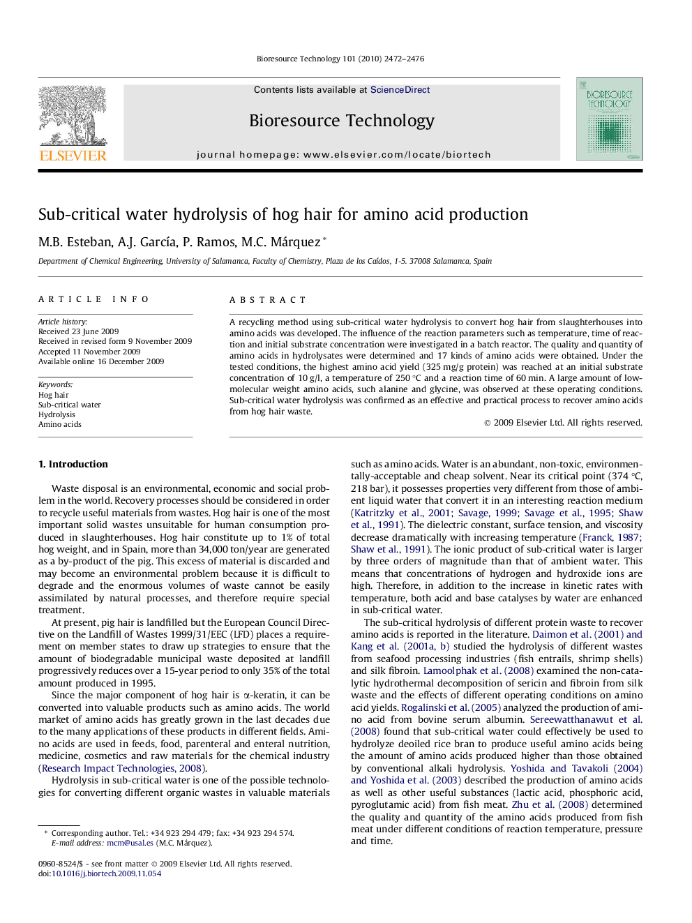 Sub-critical water hydrolysis of hog hair for amino acid production