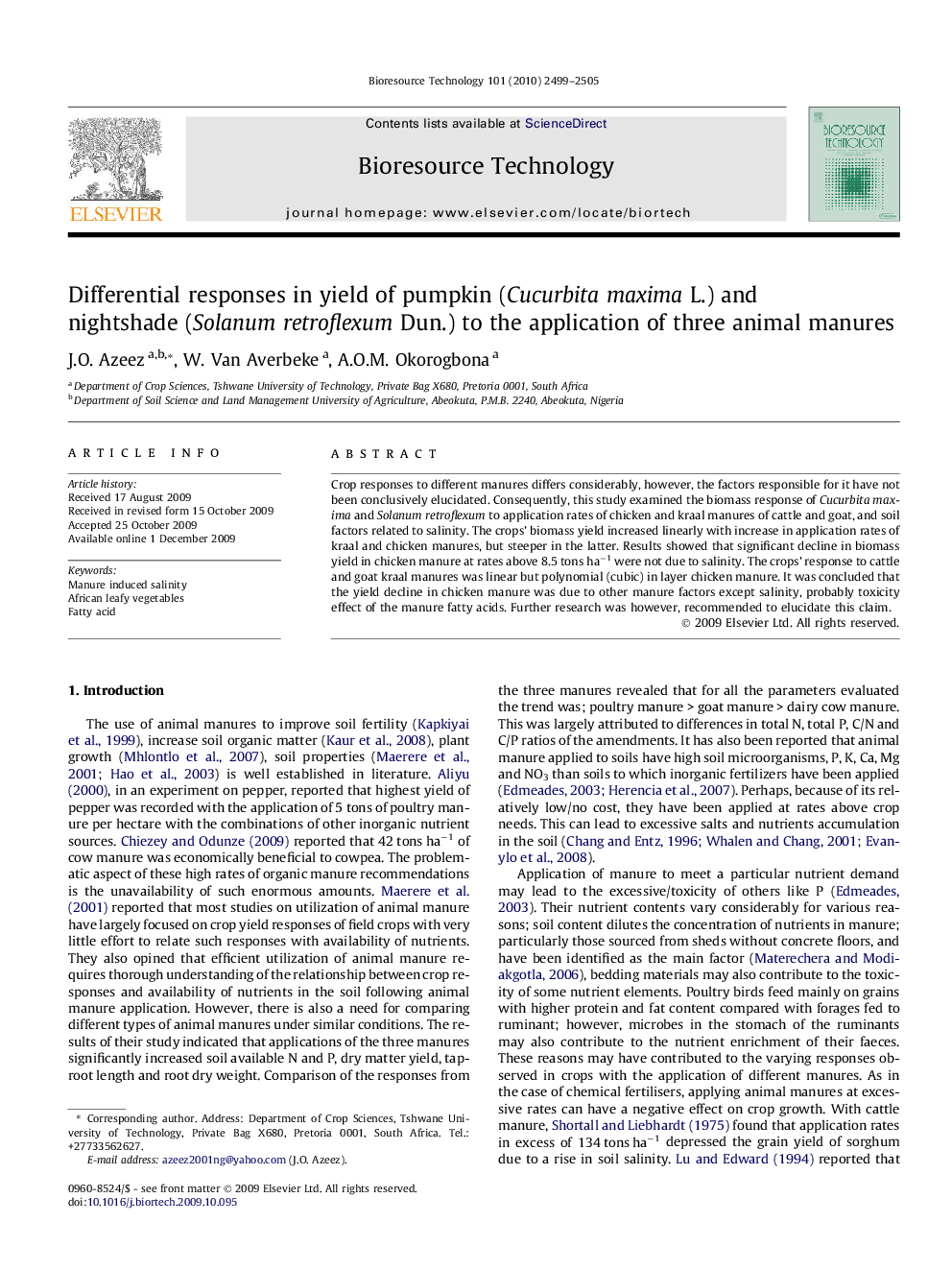 Differential responses in yield of pumpkin (Cucurbita maxima L.) and nightshade (Solanum retroflexum Dun.) to the application of three animal manures