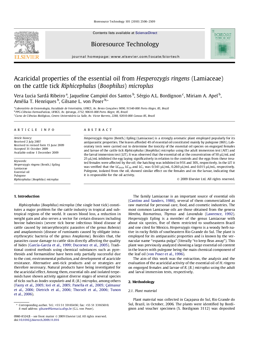 Acaricidal properties of the essential oil from Hesperozygis ringens (Lamiaceae) on the cattle tick Riphicephalus (Boophilus) microplus