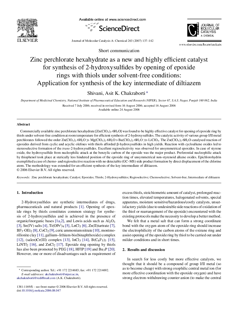 Zinc perchlorate hexahydrate as a new and highly efficient catalyst for synthesis of 2-hydroxysulfides by opening of epoxide rings with thiols under solvent-free conditions: Application for synthesis of the key intermediate of diltiazem