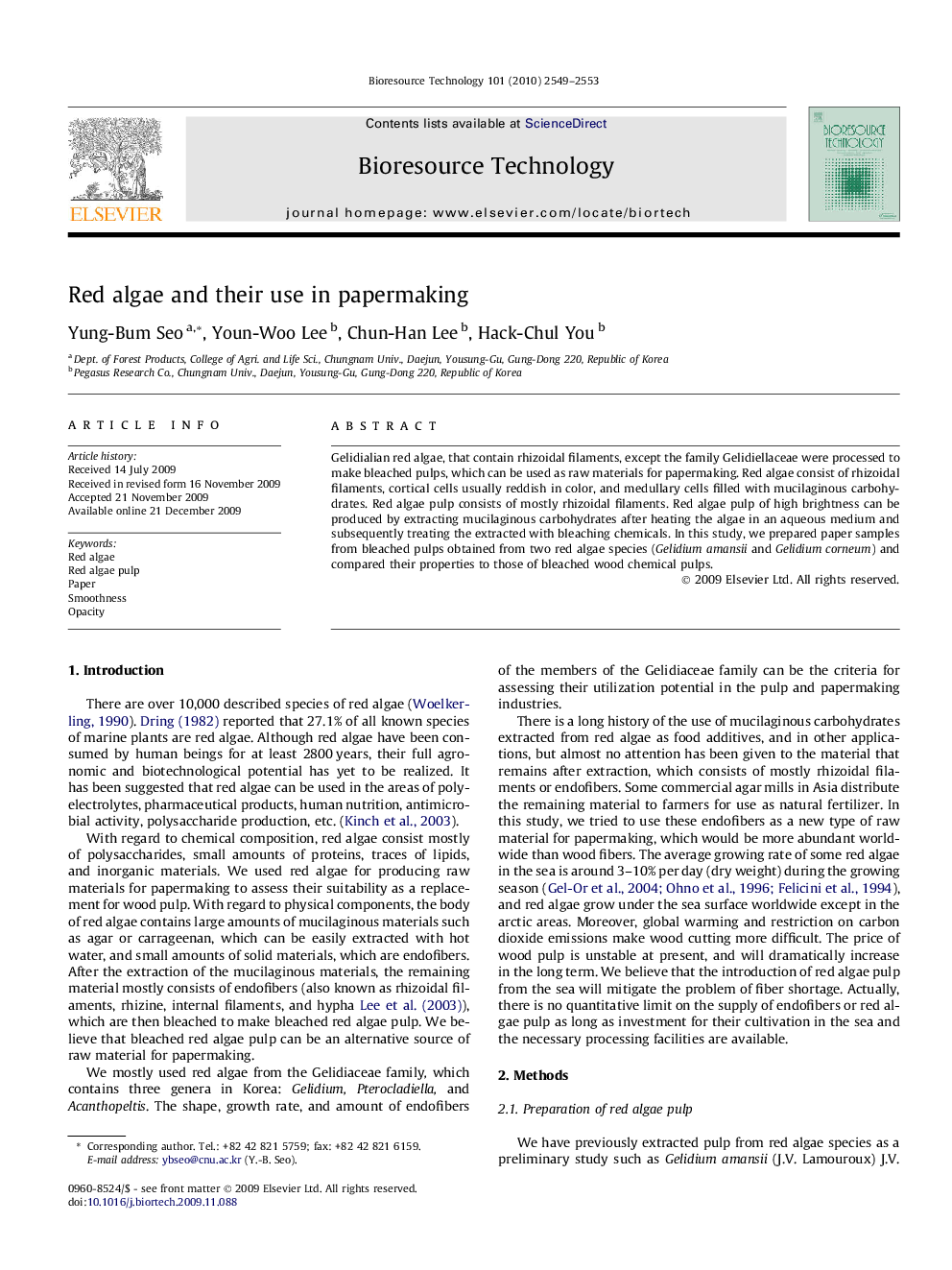 Red algae and their use in papermaking