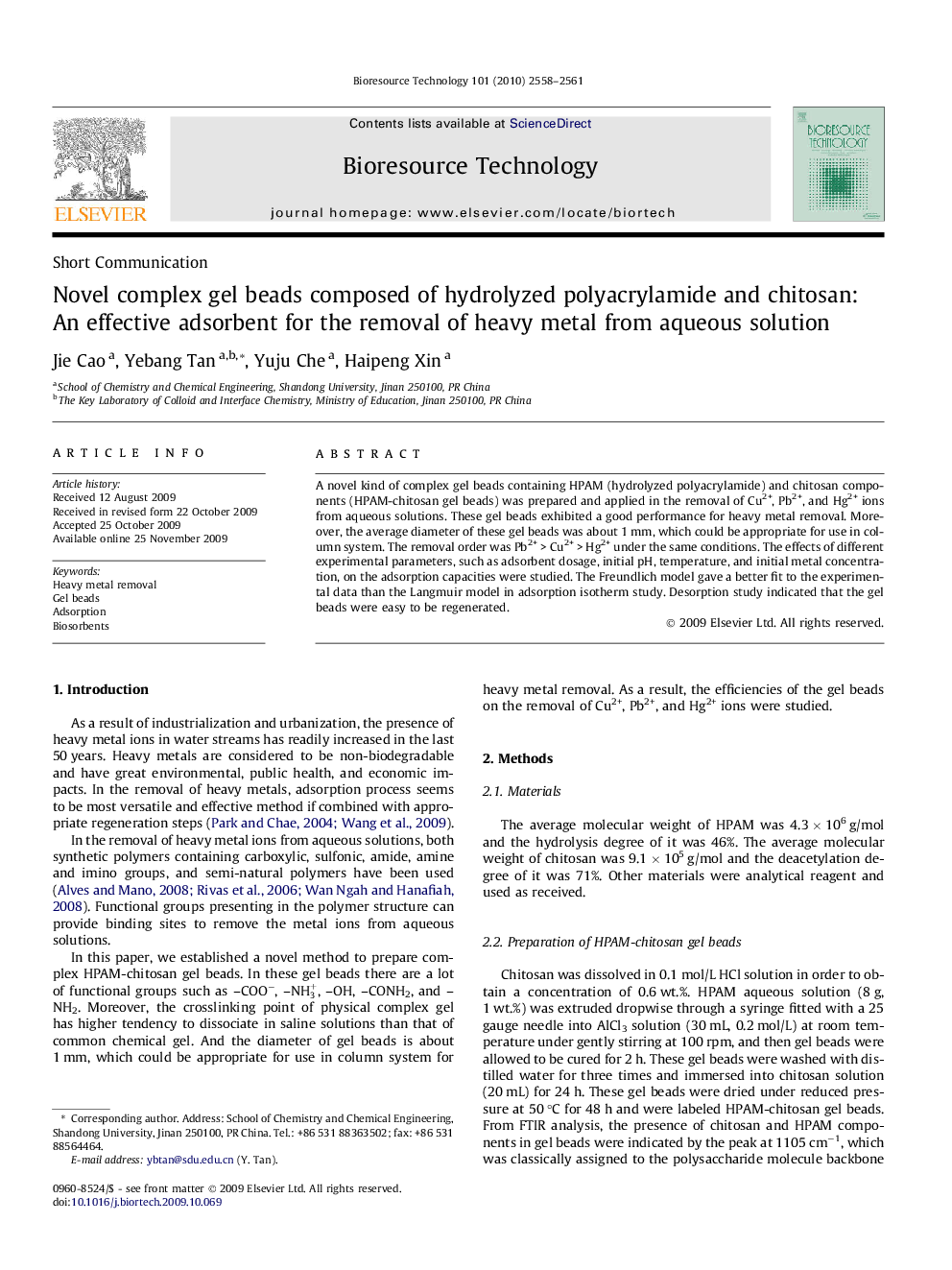 Novel complex gel beads composed of hydrolyzed polyacrylamide and chitosan: An effective adsorbent for the removal of heavy metal from aqueous solution